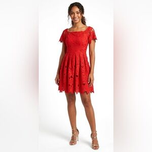 CHICWISH Cherry Red Floral Scalloped Eyelet Dress short sleeved Size X-Small
